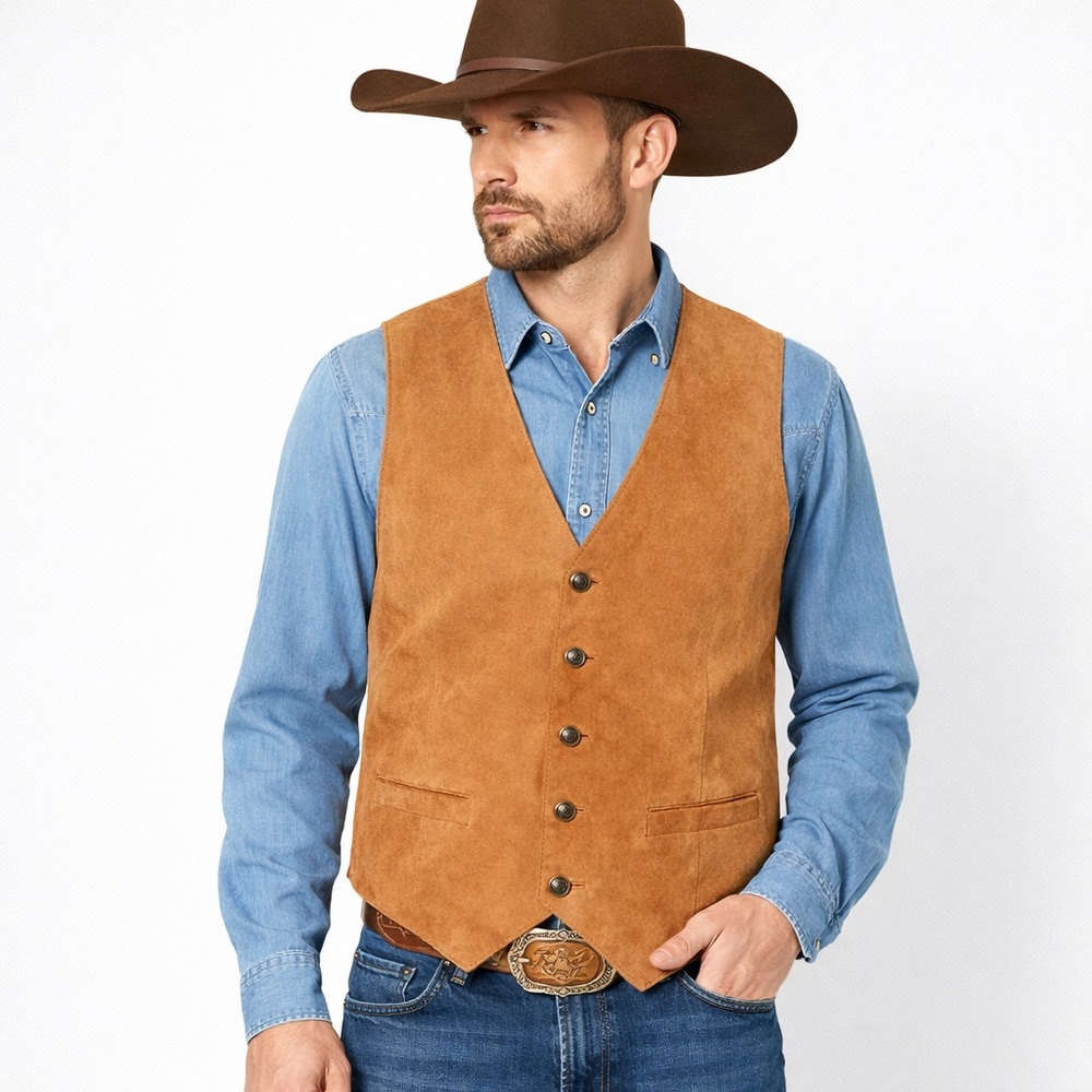Vintage Pig Suede Western Vest Oklahoma State Seal Buttons Brown Small